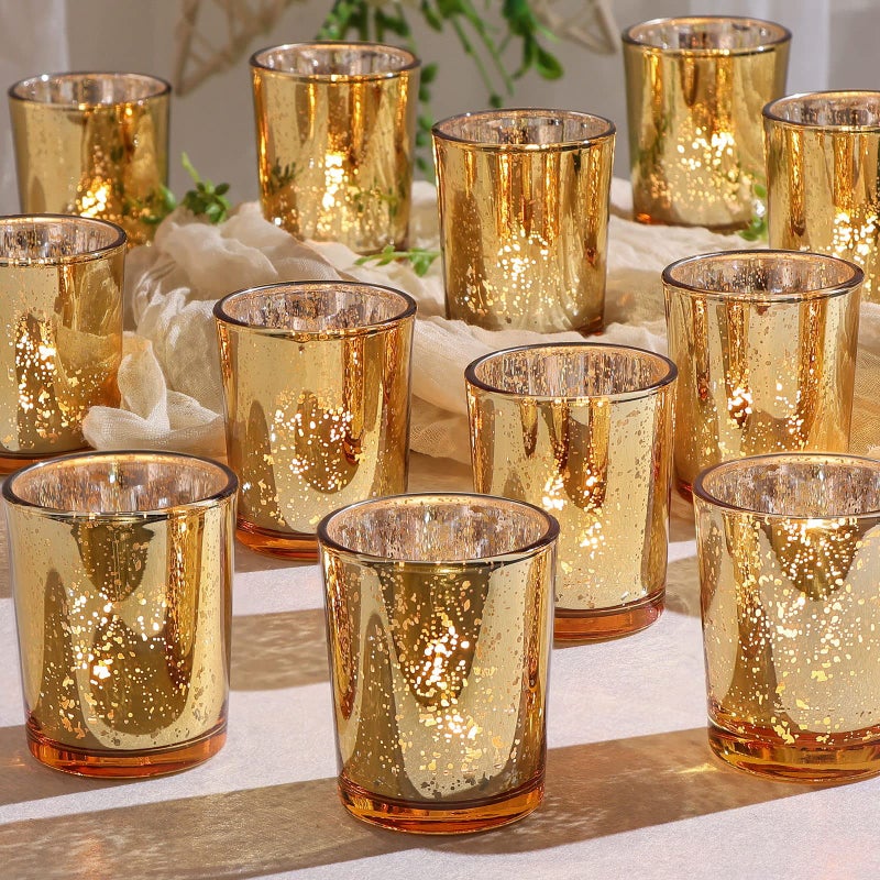 DEVI Gold Votive Candle Holders 24 Pcs, Mercury Tealight Candle Holder Glass, Gold Wedding Centerpieces for Table Decorations, Valentine Diwali Party Bridal Shower Decorations - Image 1